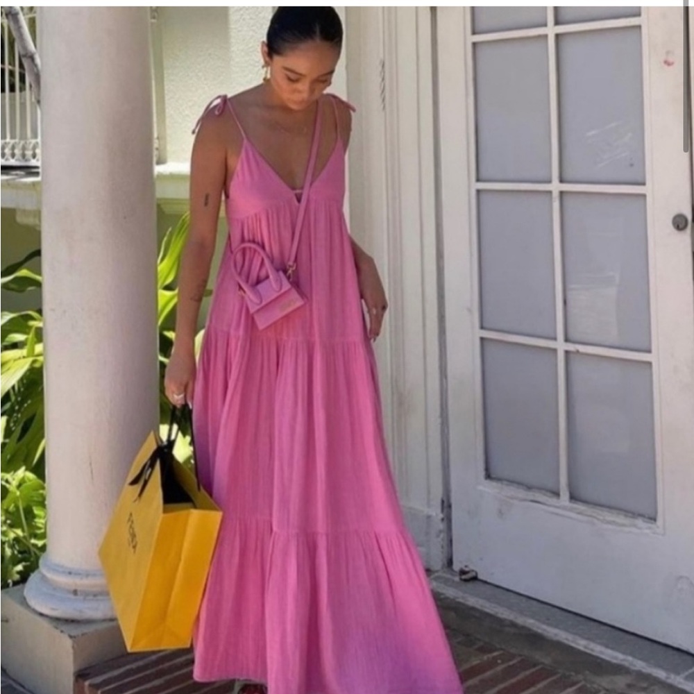 NWT ZARA cotton pink gauze tiered maxi dress S - Picture 5 of 7